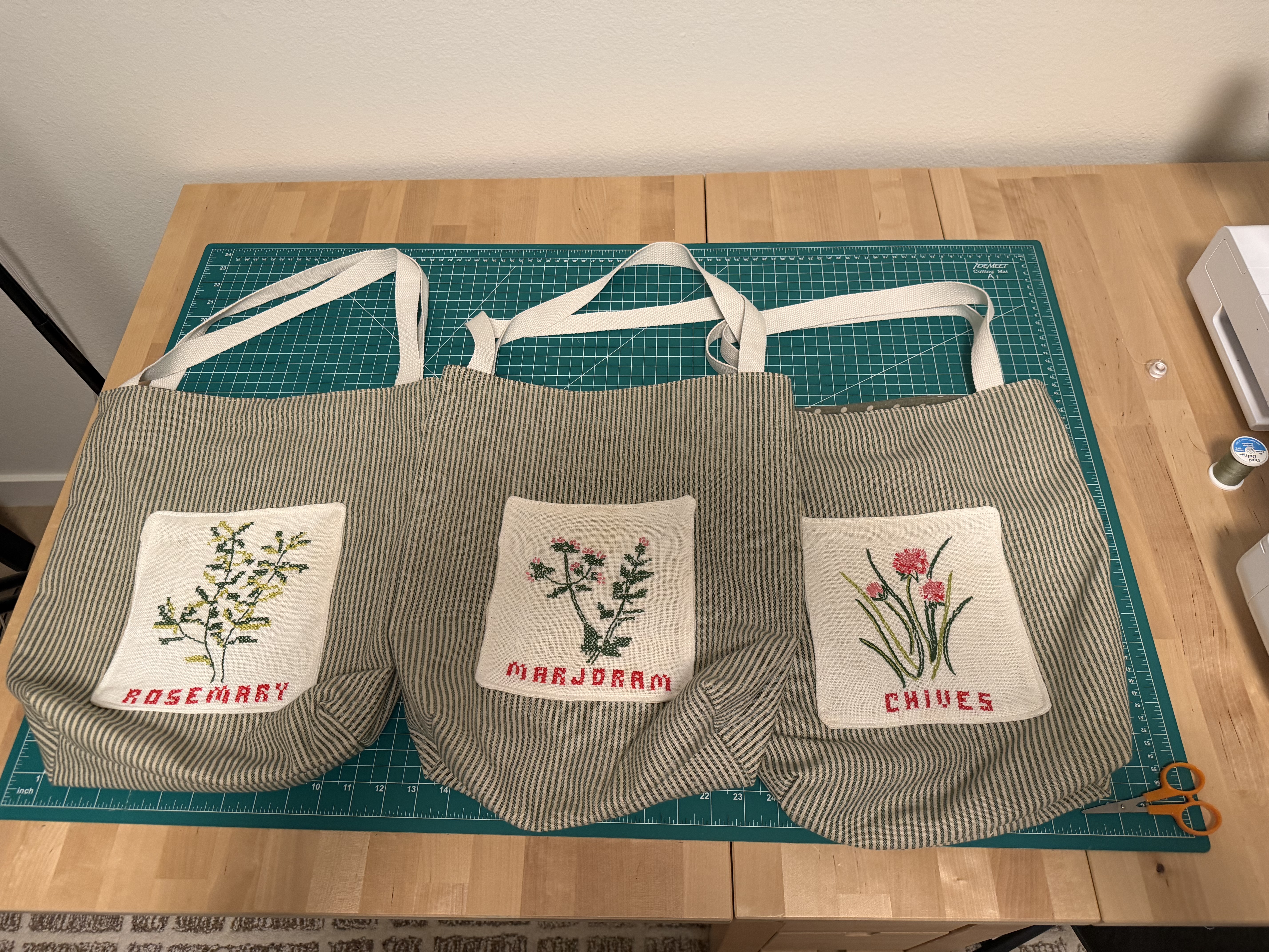 The completed tote bags laid out together on my desk